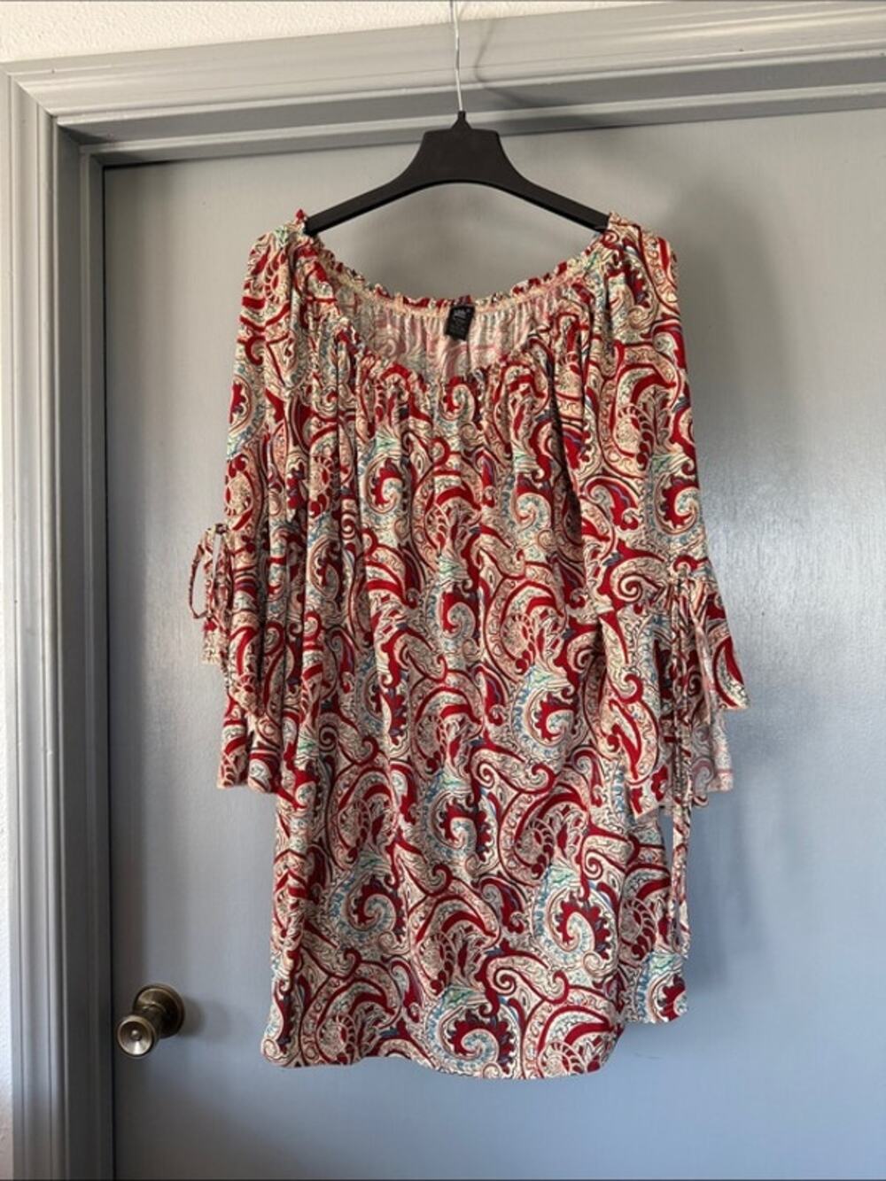 Lildy Tie Sleeve Peasant Tunic Top Stretchy sz 2XL/3XL Paisley Boho